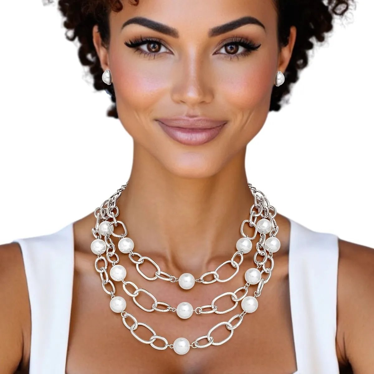 Silver Chain Pearl Necklace Set – Layered White Pearls Fashion Jewelry
