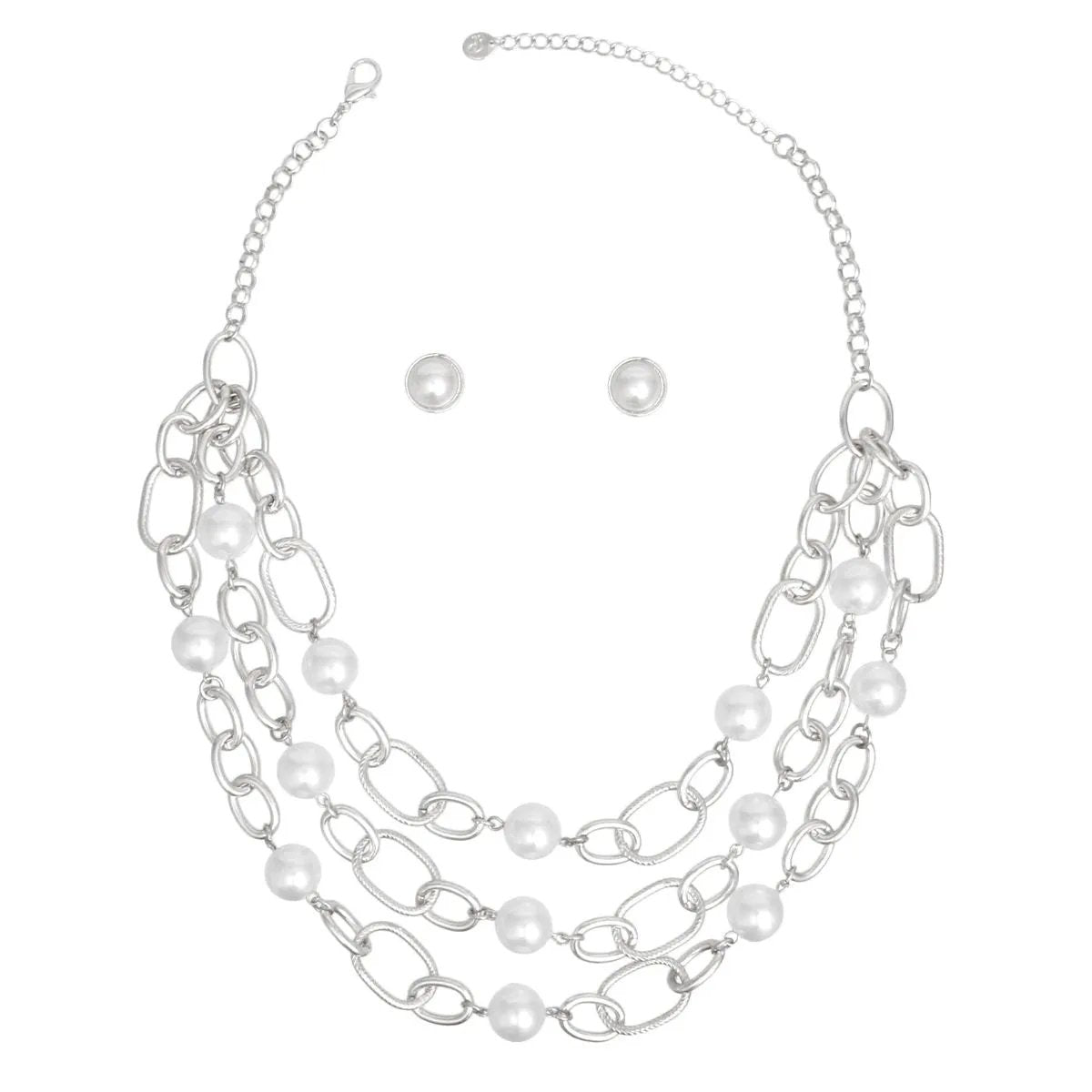 Silver Chain Pearl Necklace Set – Layered White Pearls Fashion Jewelry