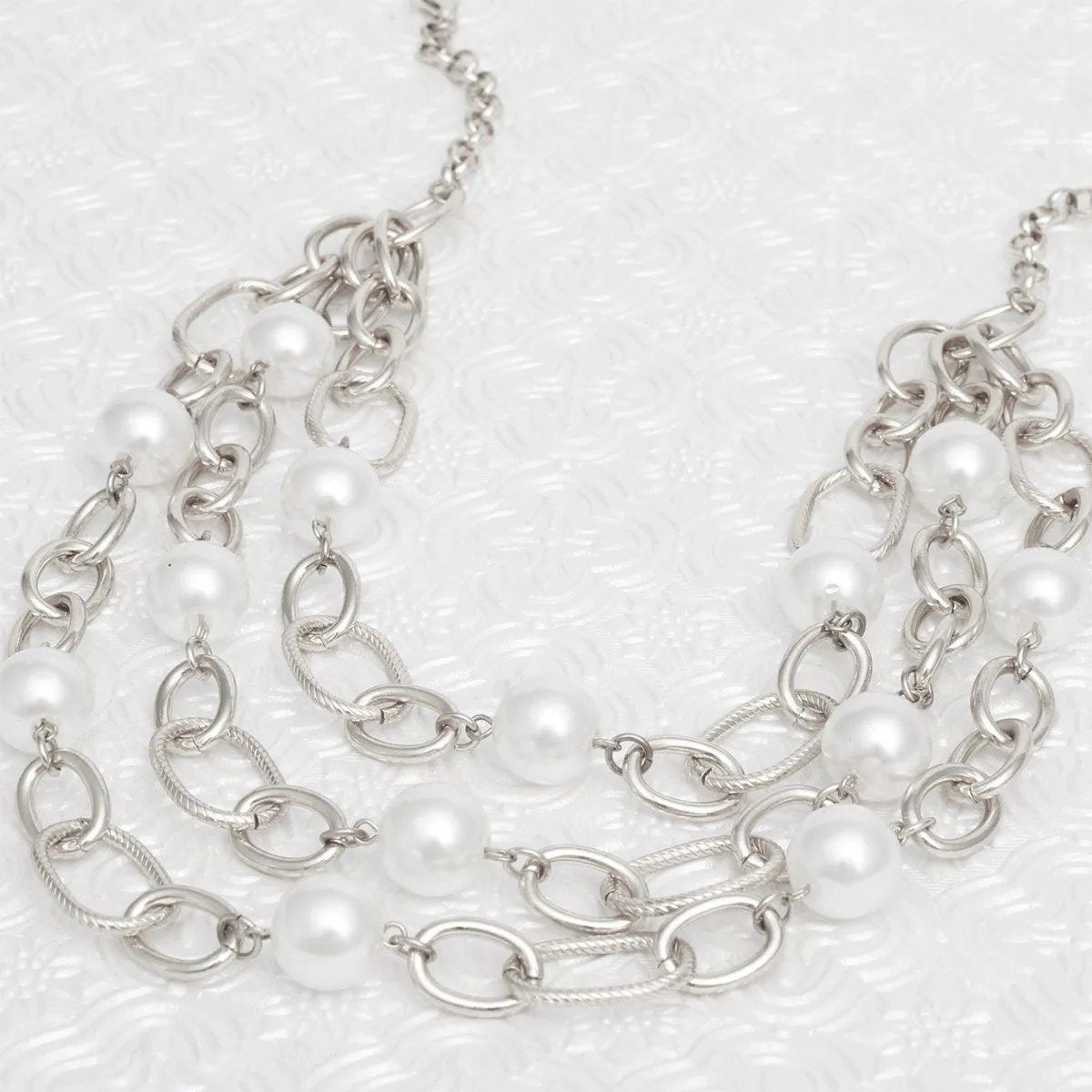 Silver Chain Pearl Necklace Set – Layered White Pearls Fashion Jewelry