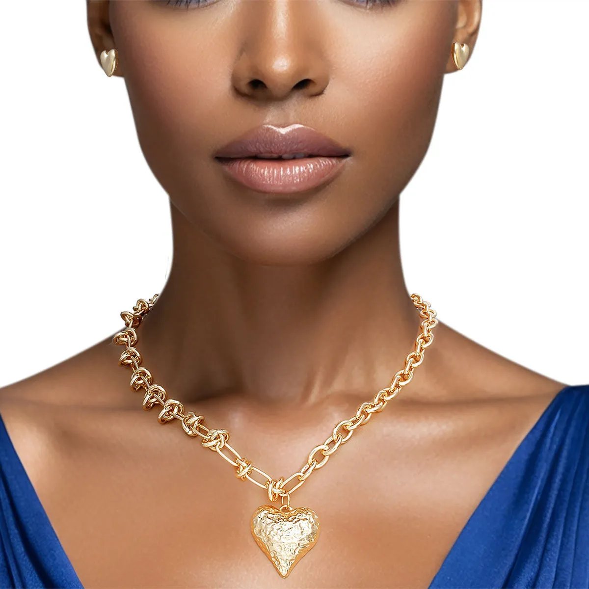 Women's Gold Heart Pendant Necklace Set with Knotted Chain Design