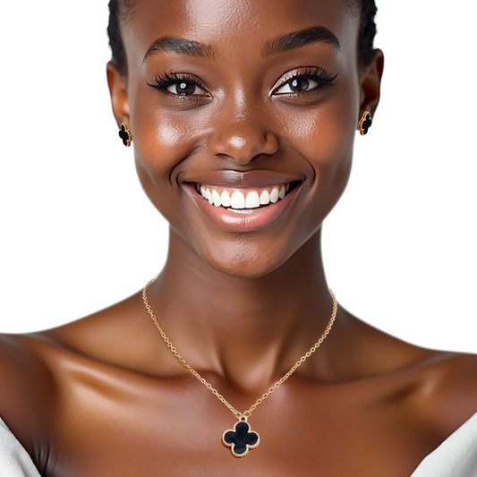 Pendant Vintage Black Quatrefoil Gold Necklace Set Pinktown