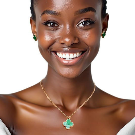 Pendant Vintage Green Quatrefoil Gold Necklace Set Pinktown