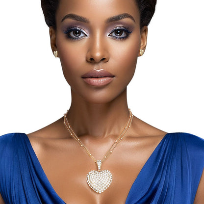 Women's Puffy Heart Pendant Necklace Set with Rhinestones in Gold Tone Pinktown