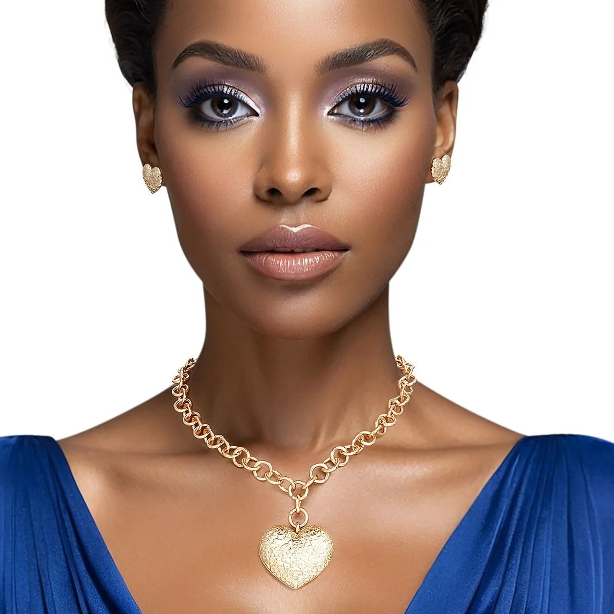 Gold Tone Chunky Link Chain Necklace with Puffy Heart Pendant and Matching Earrings