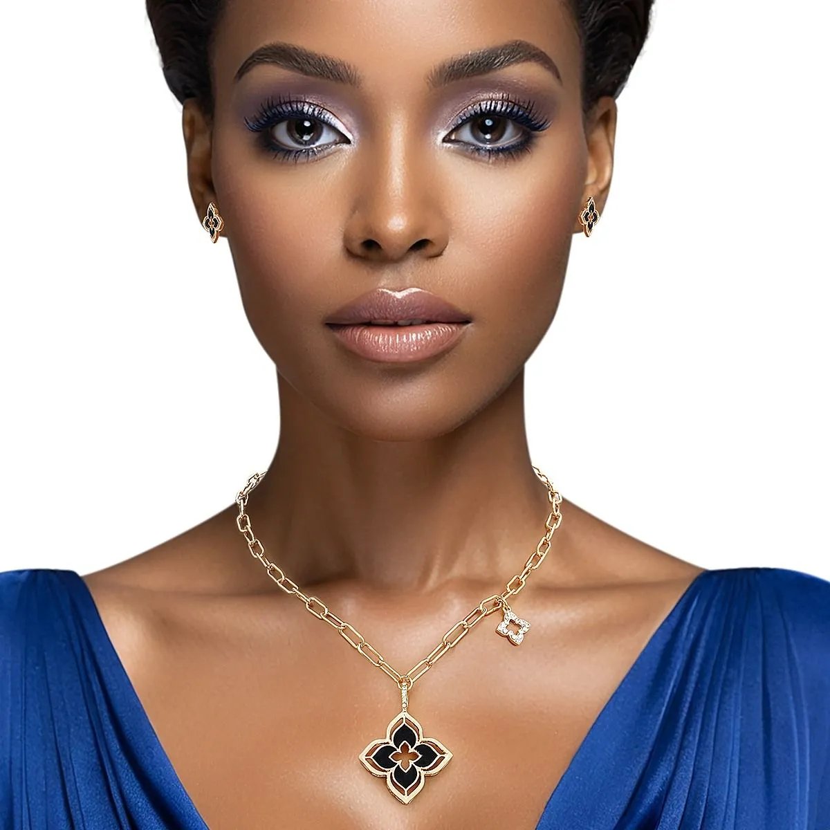 Gold Monogram Flower Necklace Set with Black Resin & Rhinestone Details - Fashion Jewelry for Women