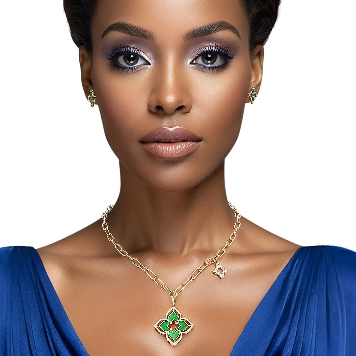 Gold Monogram Flower Necklace Set with Marbled Green Resin & Rhinestone Details - Fashion Jewelry for Women