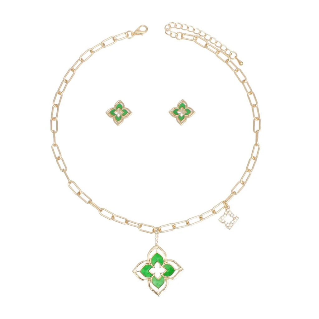 Gold Monogram Flower Necklace Set with Marbled Green Resin & Rhinestone Details - Fashion Jewelry for Women