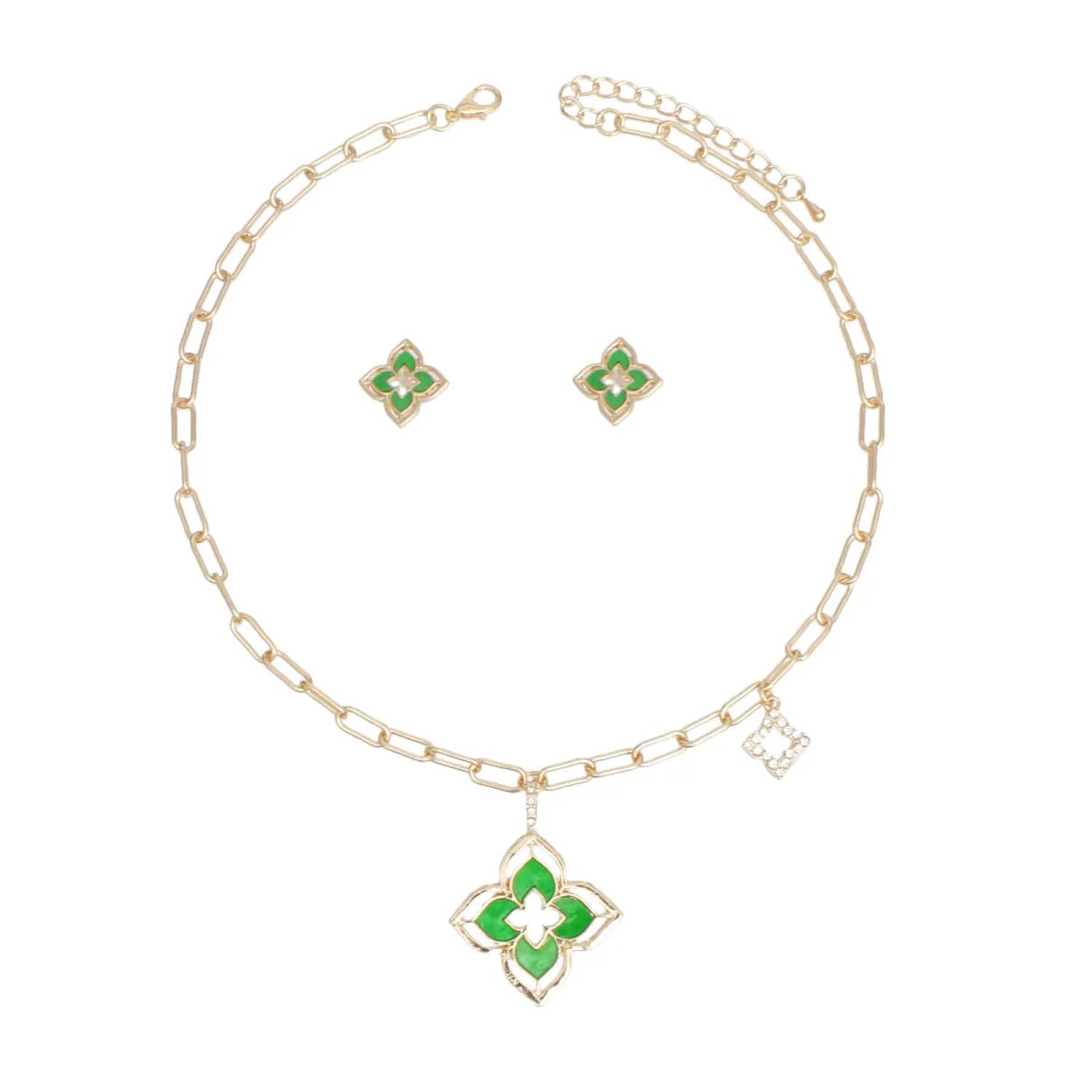 Gold Monogram Flower Necklace Set with Marbled Green Resin & Rhinestone Details - Fashion Jewelry for Women