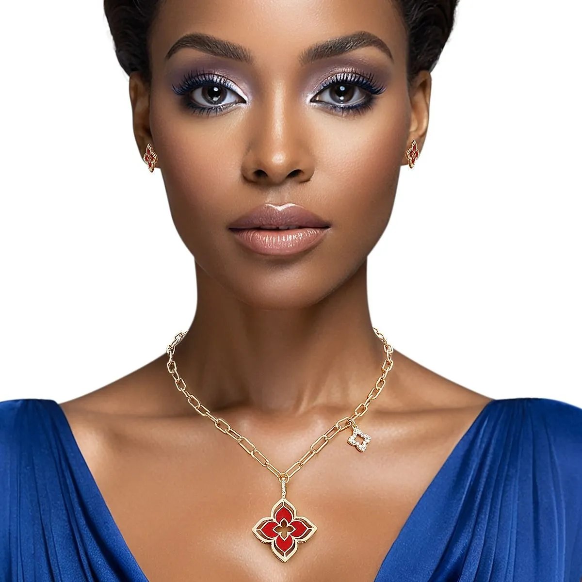 Gold Monogram Flower Necklace Set with Marbled Red Resin & Rhinestone Details - Fashion Jewelry for Women
