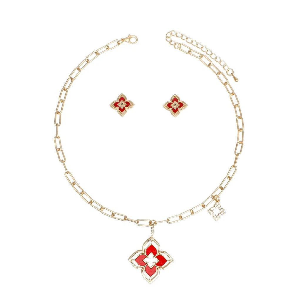 Gold Monogram Flower Necklace Set with Marbled Red Resin & Rhinestone Details - Fashion Jewelry for Women