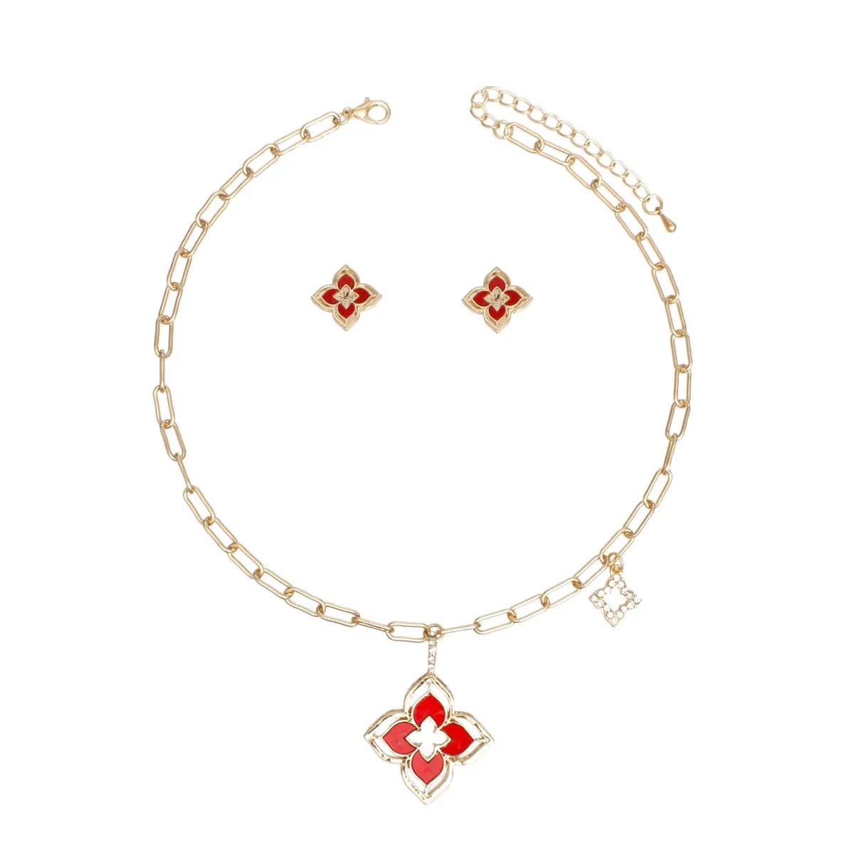 Gold Monogram Flower Necklace Set with Marbled Red Resin & Rhinestone Details - Fashion Jewelry for Women