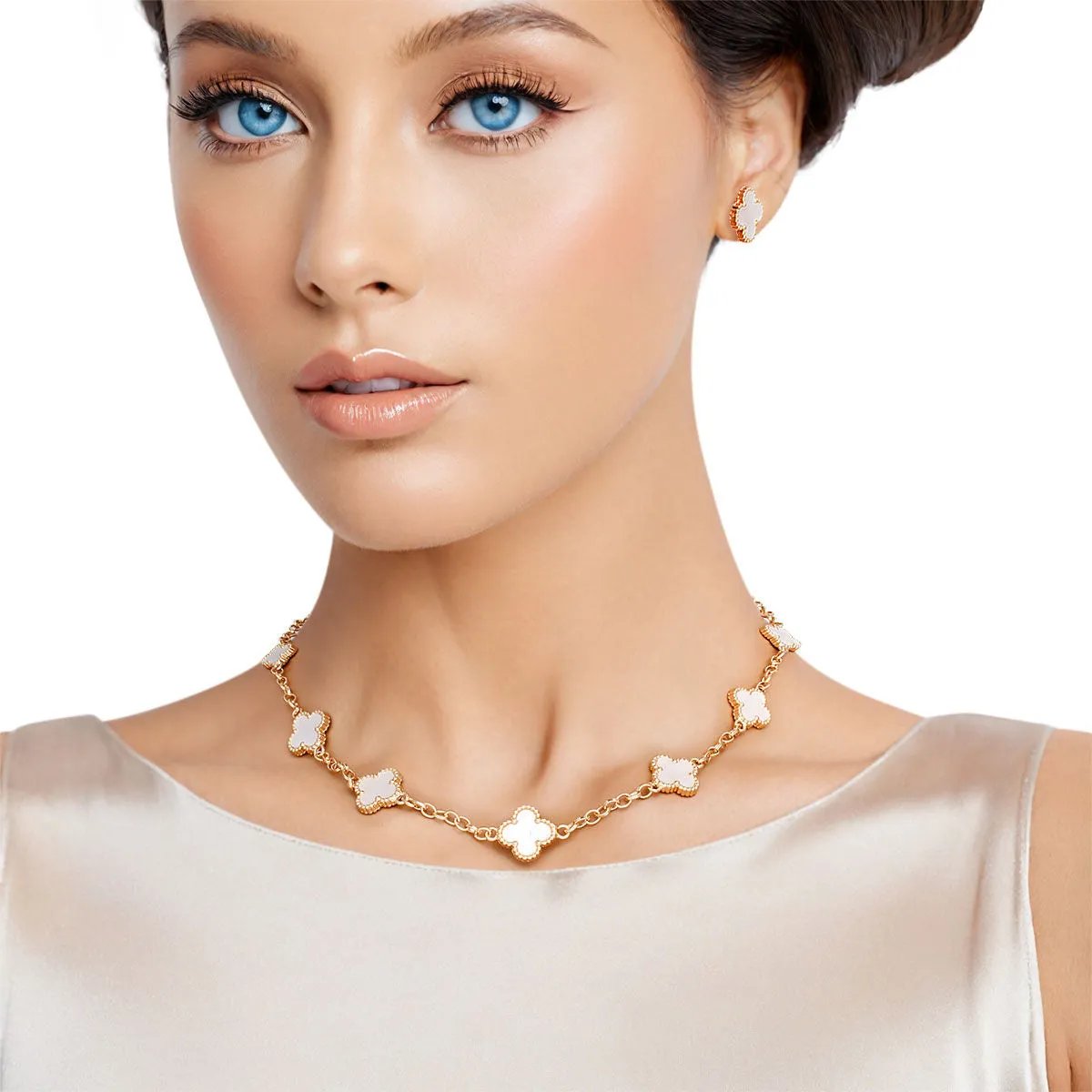 Gold Tone Quatrefoil Clover Chain Choker Necklace & Earring Set - Marbled Cream Resin Jewelry