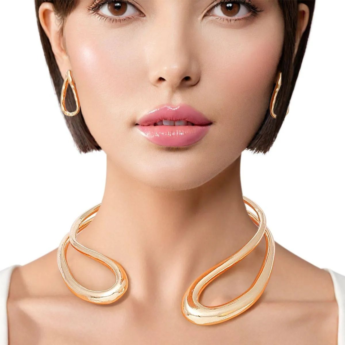 Chunky Gold Looped Choker Collar Necklace Set – Rigid Design Statement