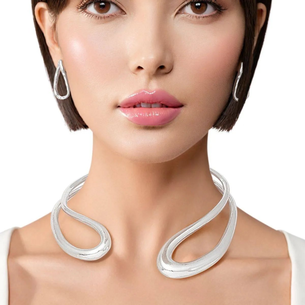 Chunky Silver Looped Choker Collar Necklace Set – Rigid Design Statement
