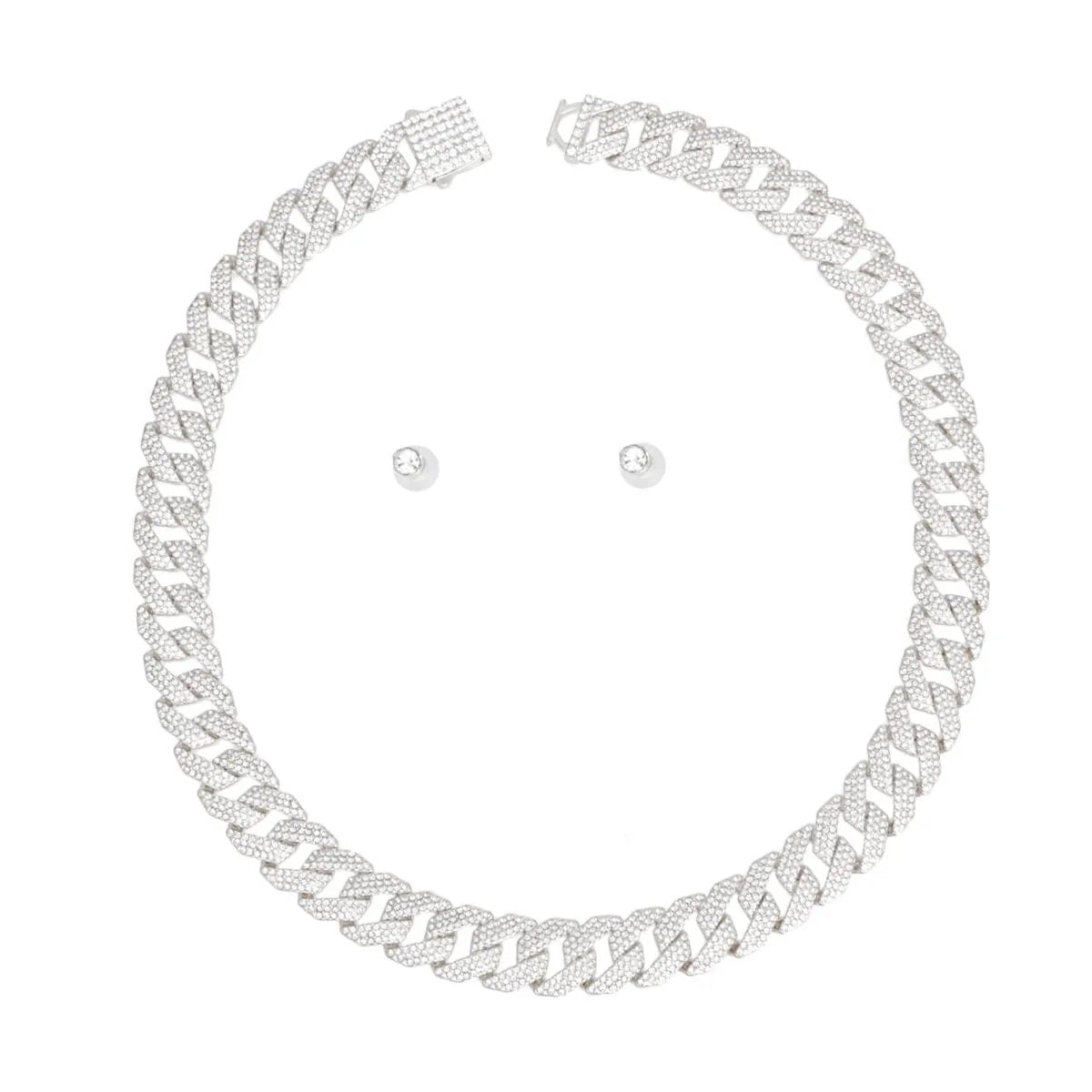 Silver-Tone Cuban Link Necklace Set with Rhinestone Detailing & Earrings for Women
