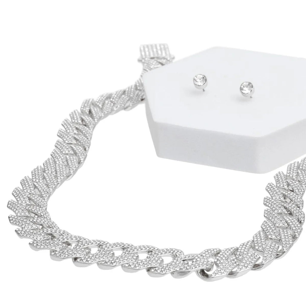 Silver-Tone Cuban Link Necklace Set with Rhinestone Detailing & Earrings for Women
