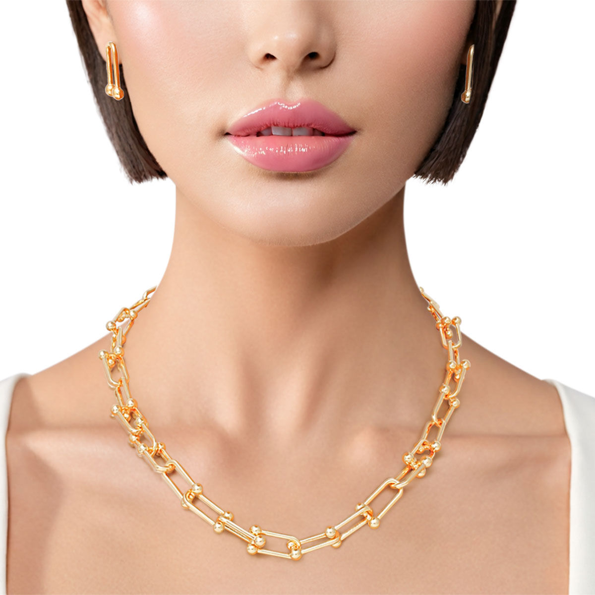 Gold Gauge Link Necklace & Matching Stud Earrings Set - Elegant Minimalist Fashion Jewelry Pinktown