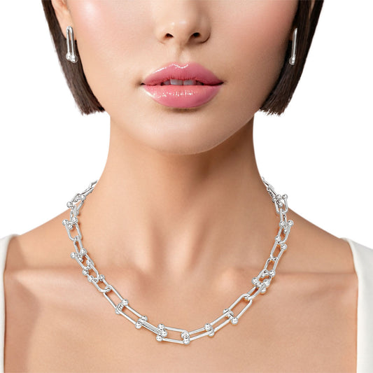 Silver Gauge Link Necklace & Matching Stud Earrings Set - Elegant Minimalist Fashion Jewelry Pinktown