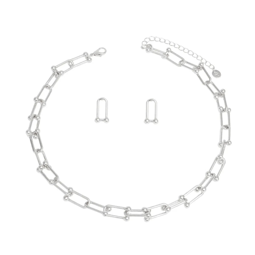 Silver Gauge Link Necklace & Matching Stud Earrings Set - Elegant Minimalist Fashion Jewelry
