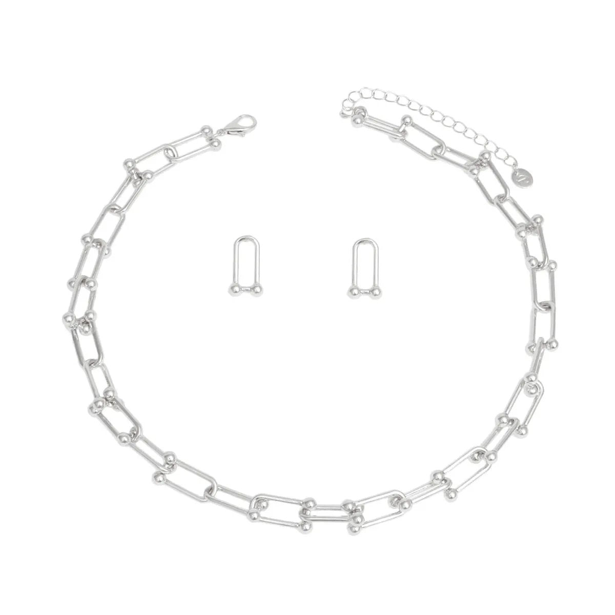 Silver Gauge Link Necklace & Matching Stud Earrings Set - Elegant Minimalist Fashion Jewelry