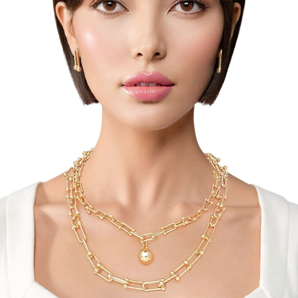 Premium Gold U-Link Double Strand Chain Necklace Set with Ball Pendant and Matching Stud Earrings | Fashion Jewelry
