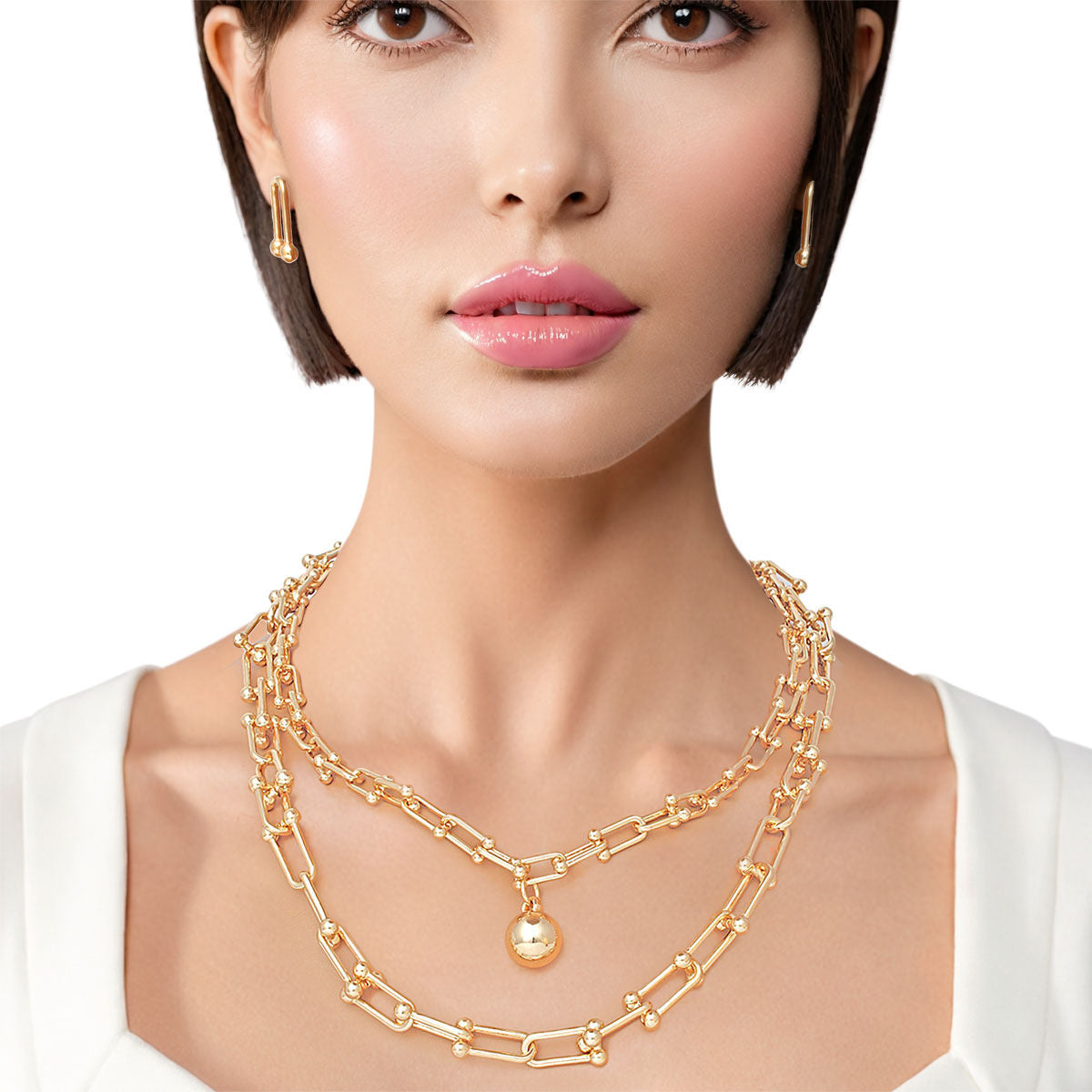 Premium Gold U-Link Double Strand Chain Necklace Set with Ball Pendant and Matching Stud Earrings | Fashion Jewelry Pinktown