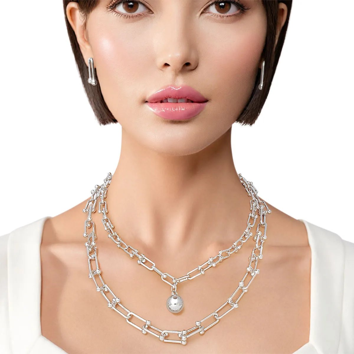 Premium Silver U-Link Double Strand Chain Necklace Set with Ball Pendant and Matching Stud Earrings | Fashion Jewelry