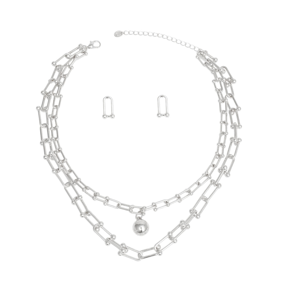 Premium Silver U-Link Double Strand Chain Necklace Set with Ball Pendant and Matching Stud Earrings | Fashion Jewelry Pinktown