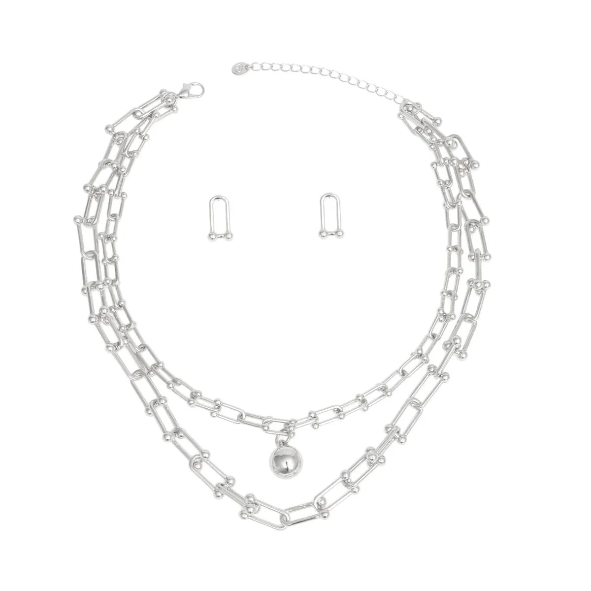 Premium Silver U-Link Double Strand Chain Necklace Set with Ball Pendant and Matching Stud Earrings | Fashion Jewelry