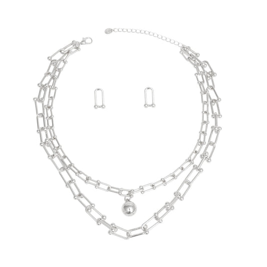 Premium Silver U-Link Double Strand Chain Necklace Set with Ball Pendant and Matching Stud Earrings | Fashion Jewelry Pinktown