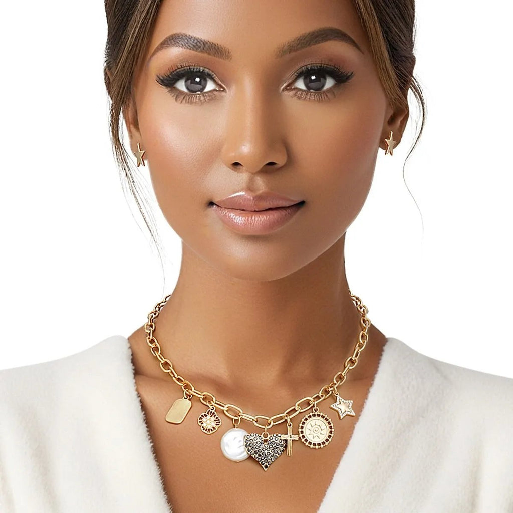 Hypoallergenic Nickel-Free Gold Necklace with 7 Charms & Matching Star Earrings – Oval Link Chain