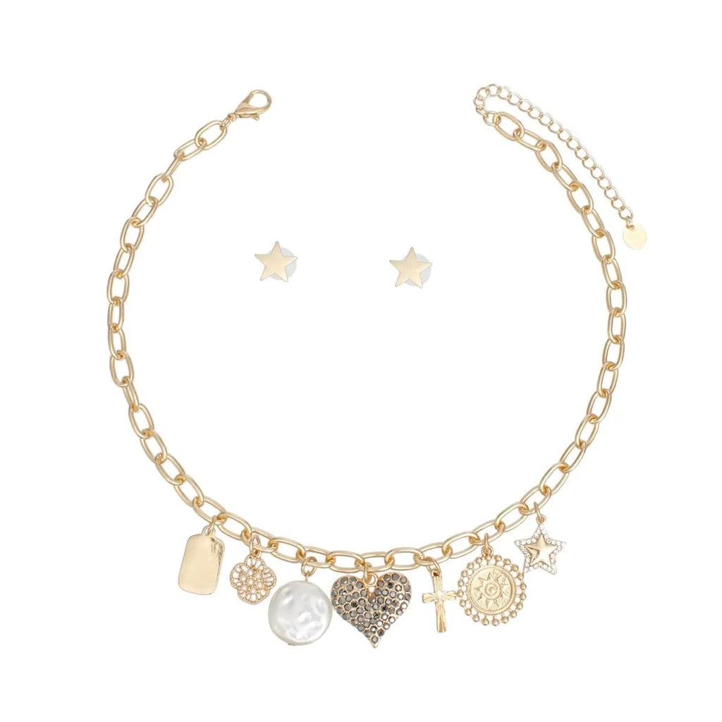 Hypoallergenic Nickel-Free Gold Necklace with 7 Charms & Matching Star Earrings – Oval Link Chain