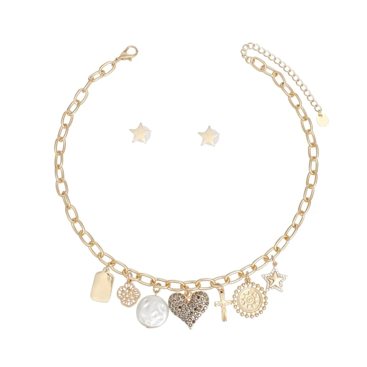 Hypoallergenic Nickel-Free Gold Necklace with 7 Charms & Matching Star Earrings – Oval Link Chain