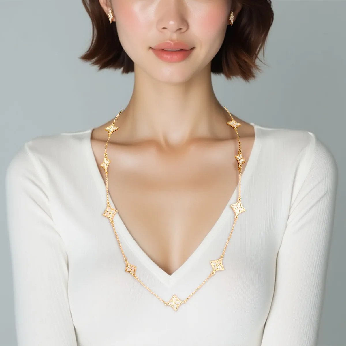 Dainty Gold Tone Necklace Set with Cream Acrylic Floral Inlays