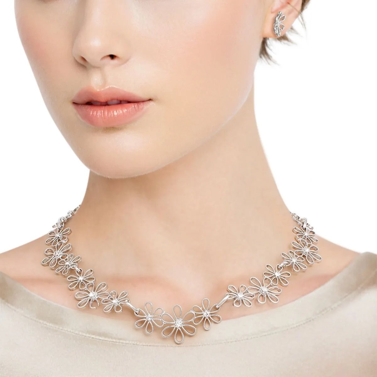 Silver Tone Daisy Flower Chain Necklace Set with Rhinestones