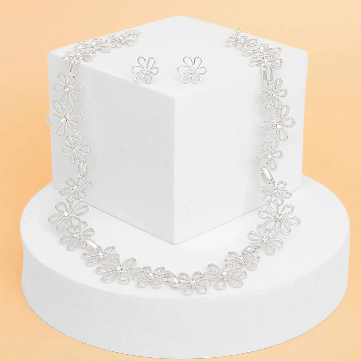 Silver Tone Daisy Flower Chain Necklace Set with Rhinestones