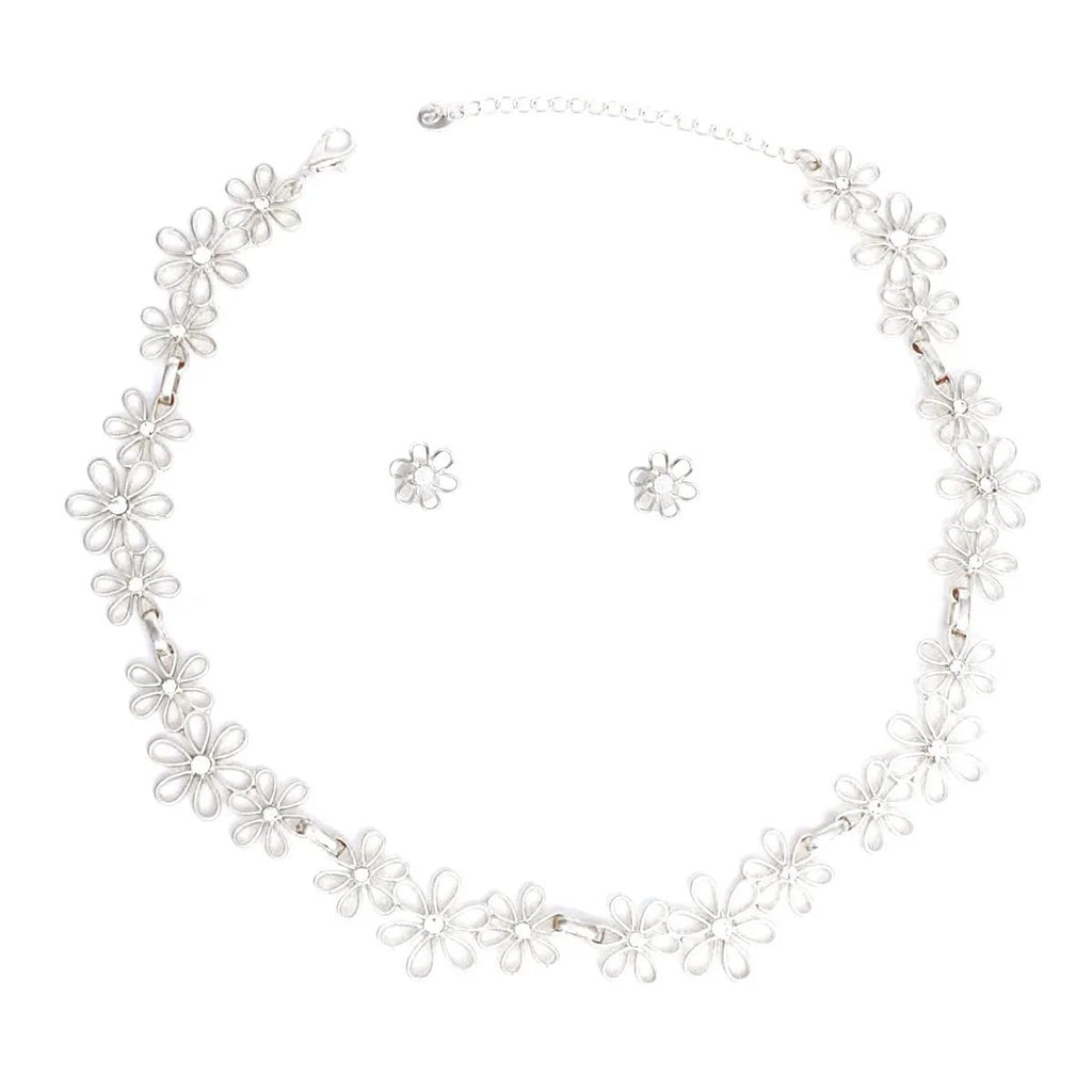 Silver Tone Daisy Flower Chain Necklace Set with Rhinestones