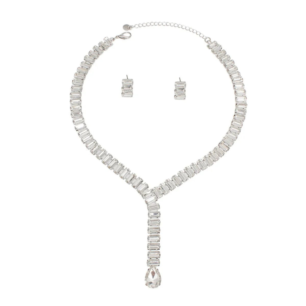 Crystal Elegance Y-Necklace & Earring Set - Silver-Tone Baguette Crystal Fashion Jewelry