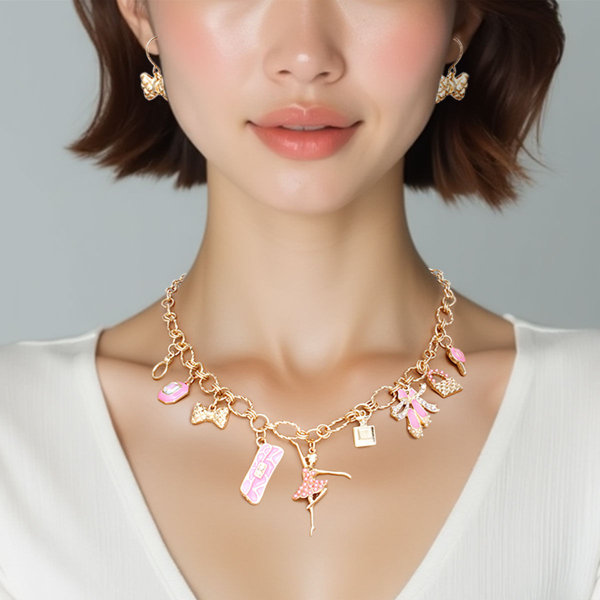 Gold Charm Necklace with Pink Ballerina & Boutique-Inspired Charms - Fashion Jewelry for Women Pinktown