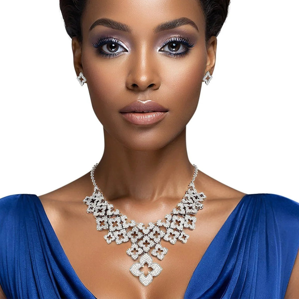 Silver Tone Monogram Flower Bib Necklace Set with Clear Rhinestones