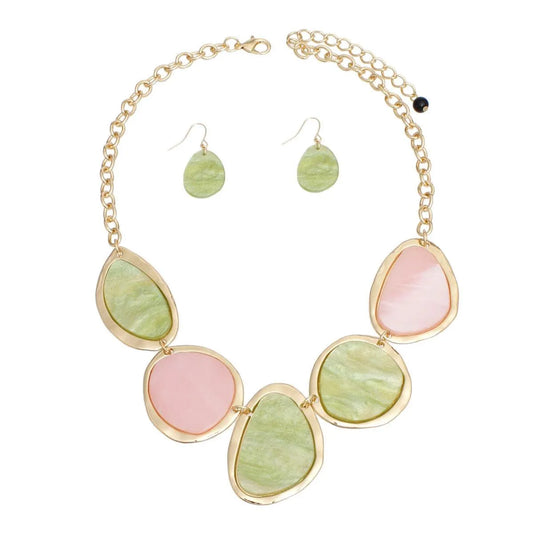 Pink & Green Acrylic Gold Chain Necklace with Matching Earrings