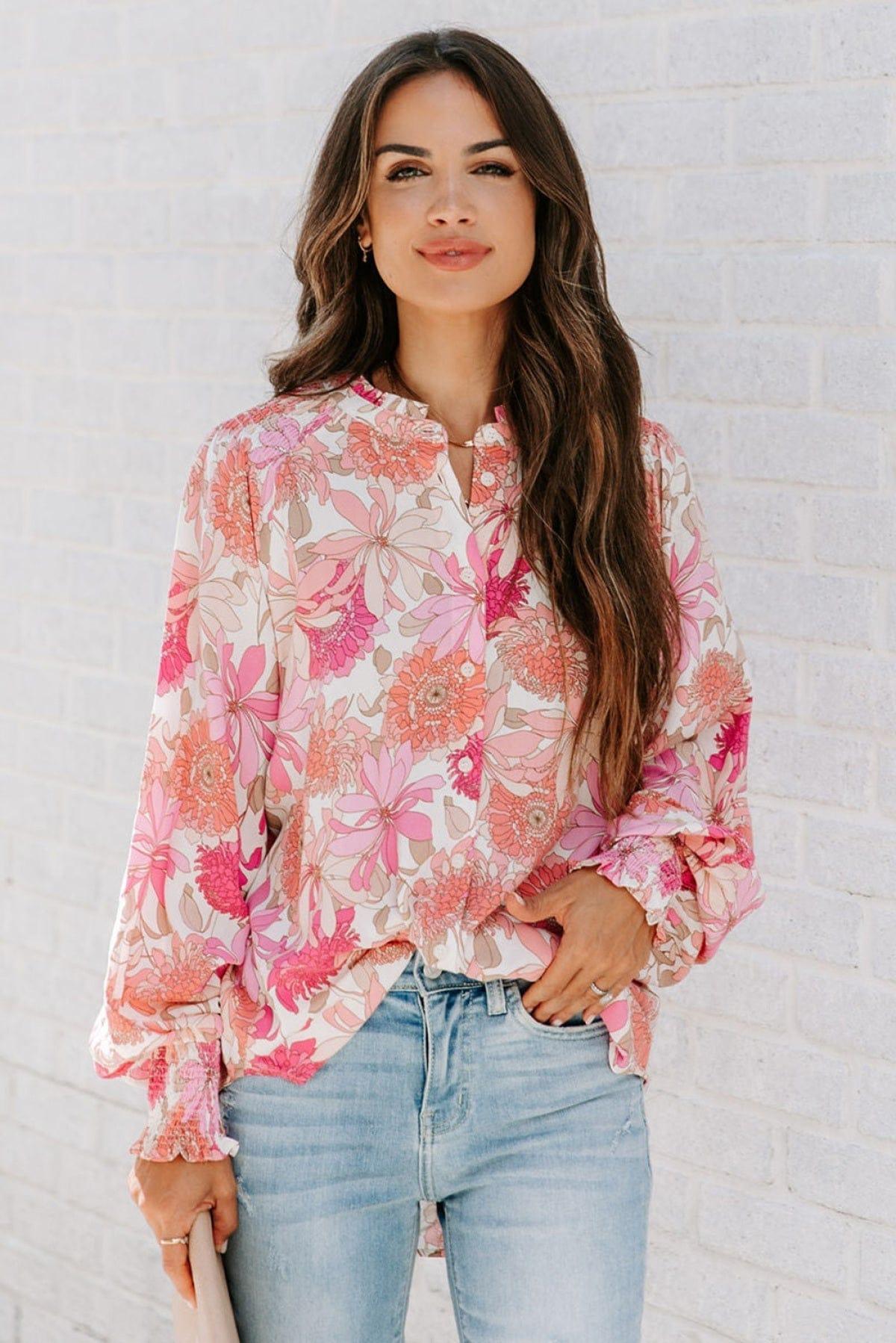 Pink Floral Balloon Sleeves Blouse