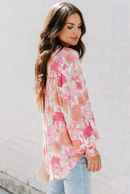 Pink Floral Balloon Sleeves Blouse