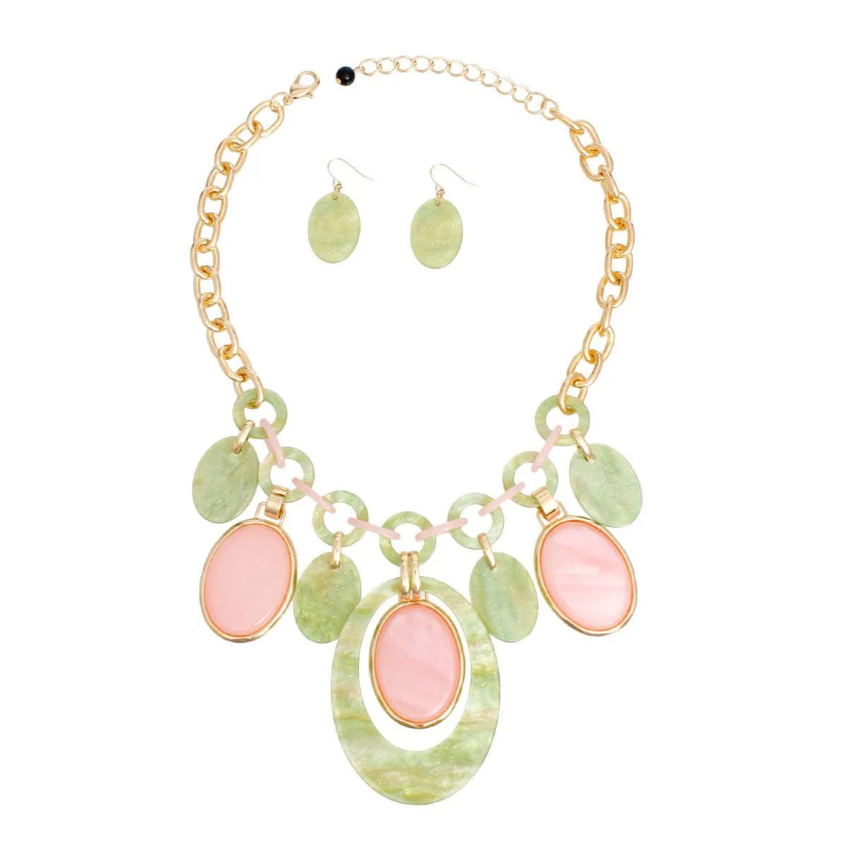 Pink Green Oval Charms Necklace Set - Artisanal Fashion Jewelry