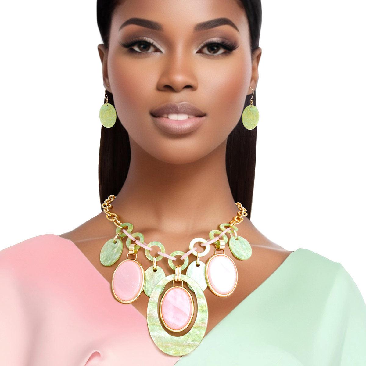 Pink Green Oval Charms Necklace Set - Artisanal Fashion Jewelry