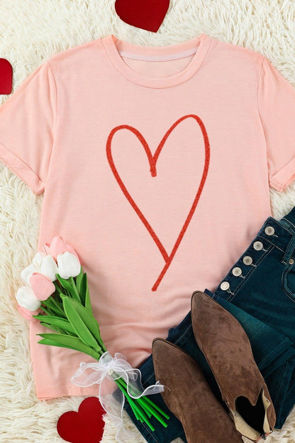 Pink Heart Shaped Glitter Print Short Sleeve Graphic T-Shirt