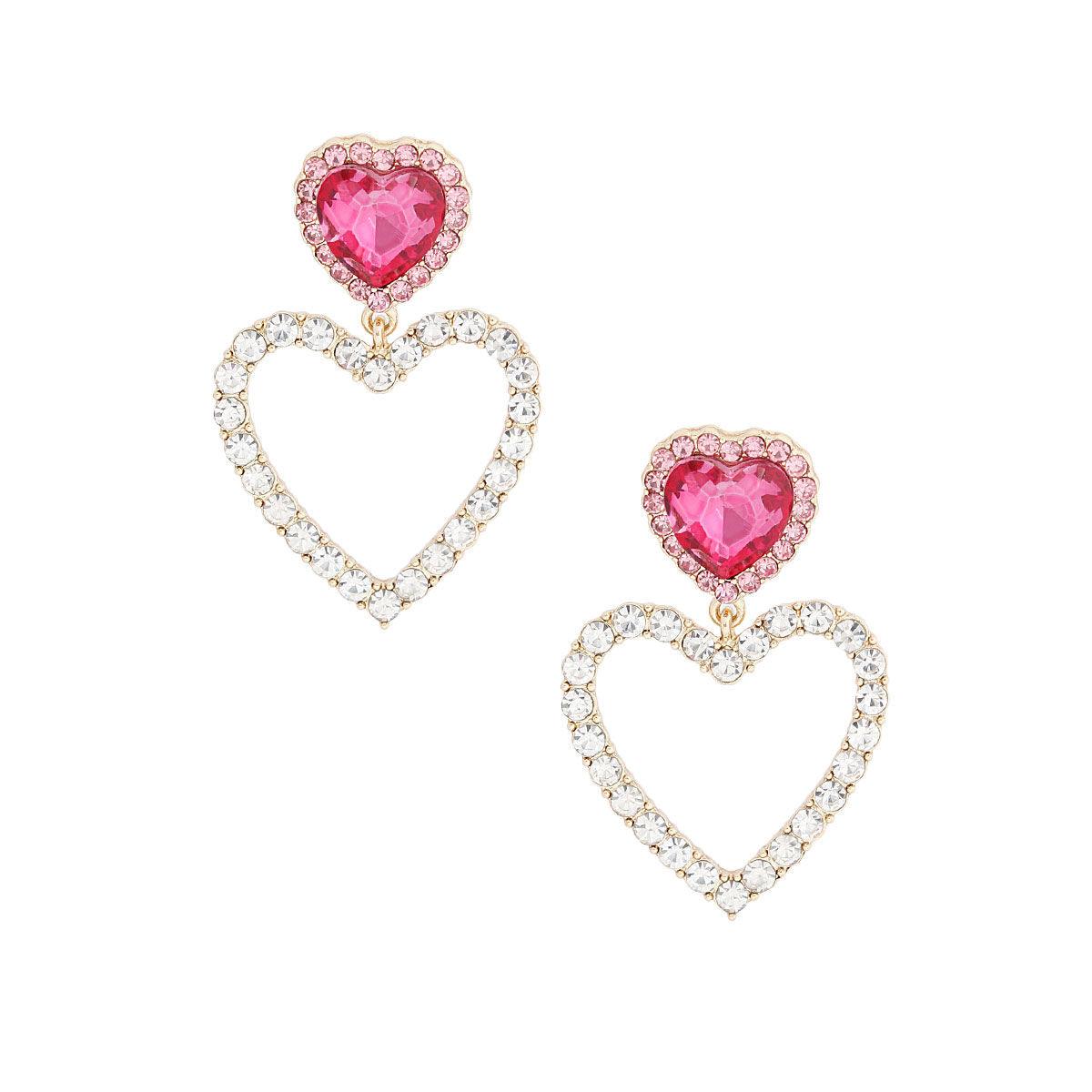 Pink Heart Stud Earrings Dangle Open Love Gold Plated