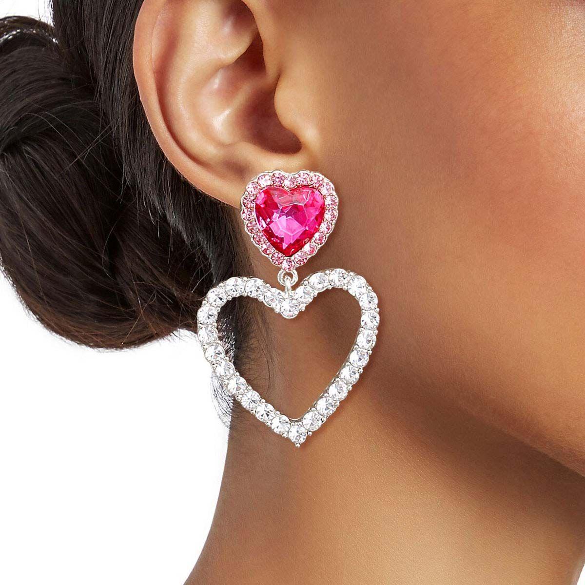 Pink Heart Stud Earrings Dangle Open Love Silver Plated