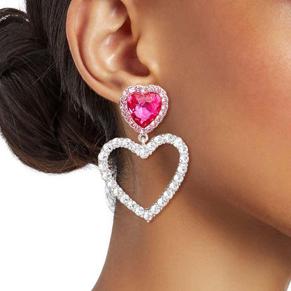Pink Heart Stud Earrings Dangle Open Love Silver Plated
