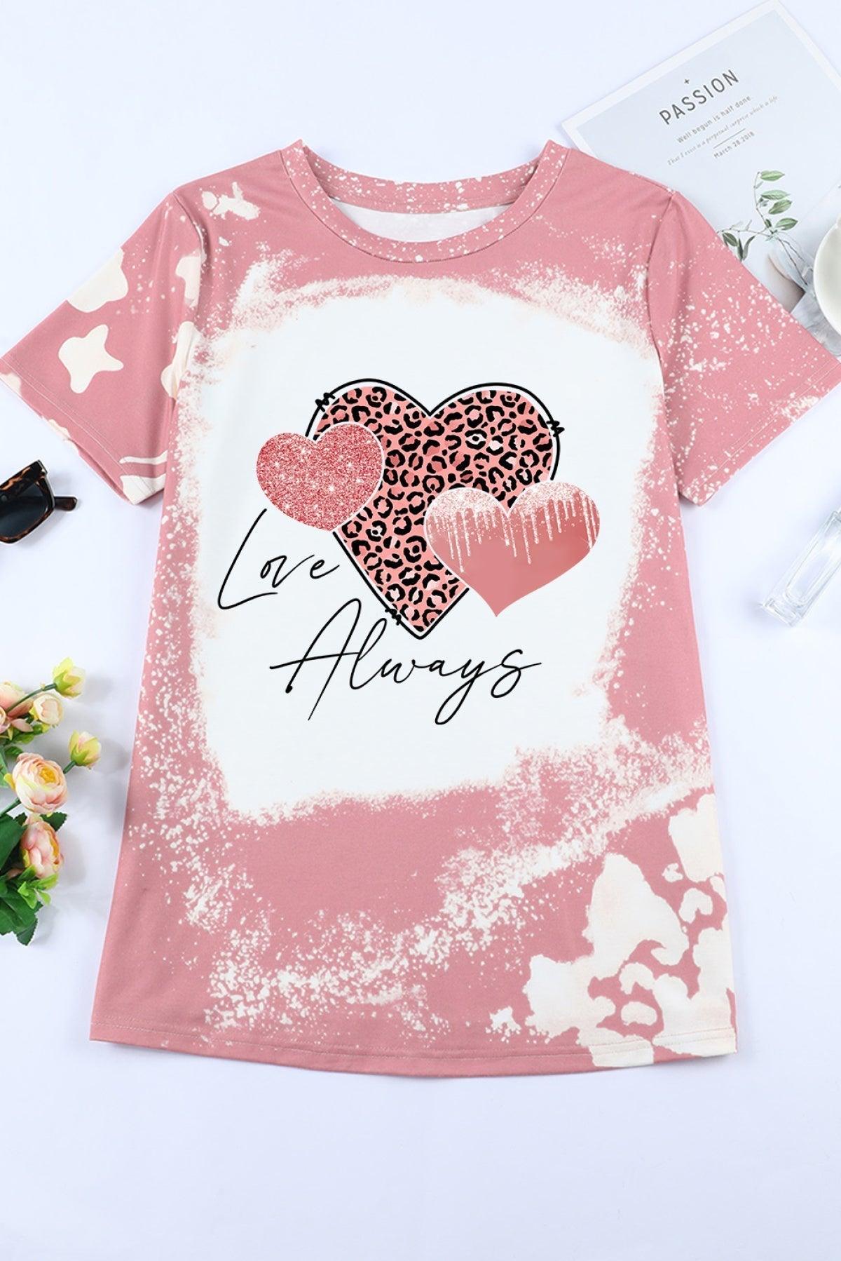 Pink Love Always Heart Leopard Bleached Print Graphic T-Shirt